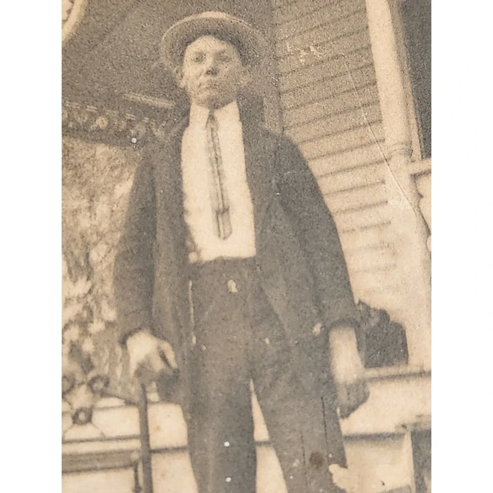 Antique Mounted Photo Man with Cane on Porch House Snapshot Americana 1910s